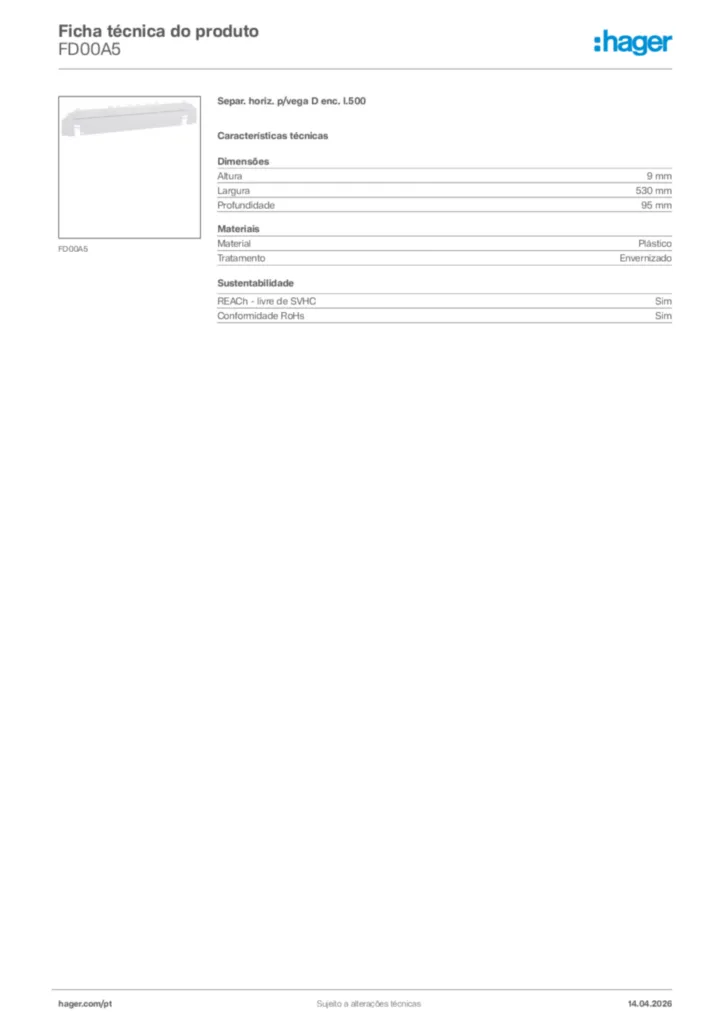 Imagem Hager Ficha técnica do produto FD00A5 | Hager Portugal