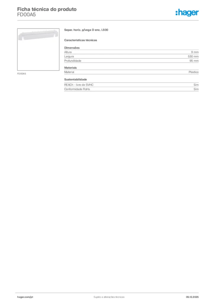 Imagem Hager Ficha técnica do produto FD00A5 | Hager Portugal