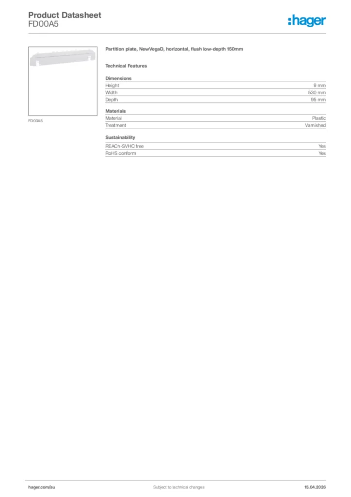 Image Hager Product data sheet FD00A5  | Hager Australia