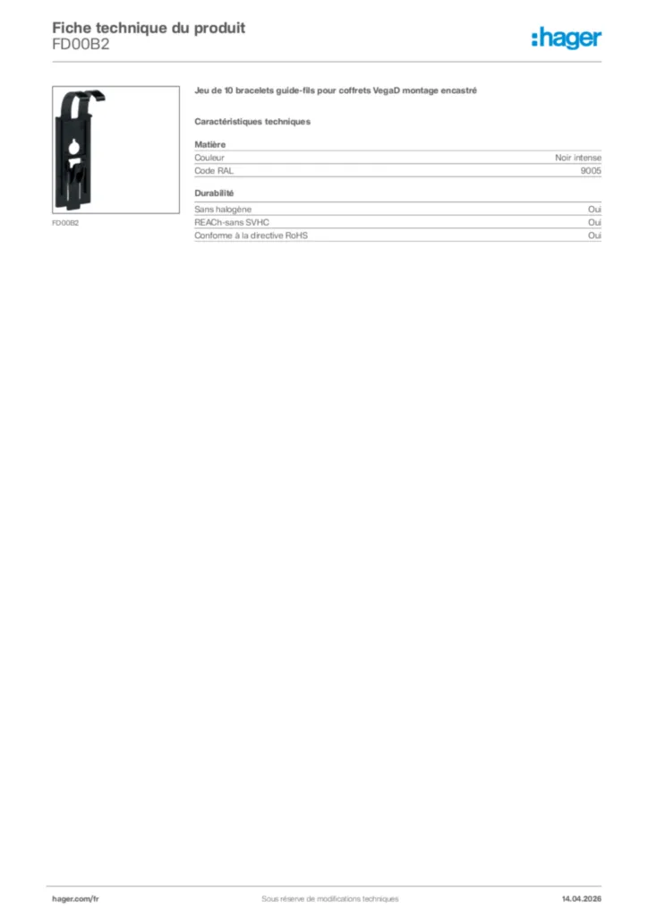Image Hager Fiche technique du produit FD00B2 | Hager France