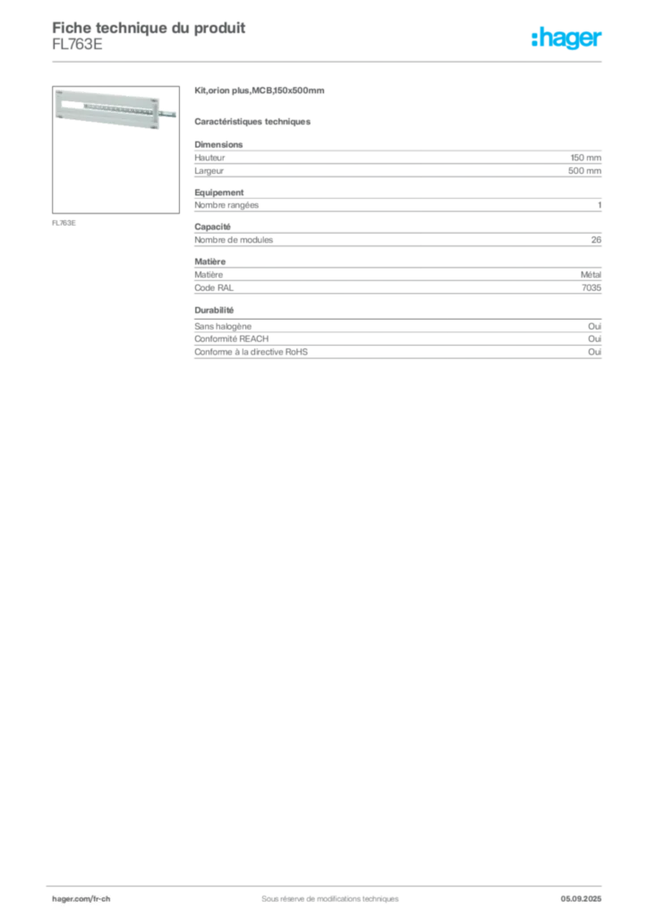 Image Hager Fiche technique du produit FL763E | Hager Suisse