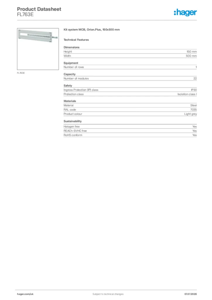Image Hager Product data sheet FL763E  | Hager