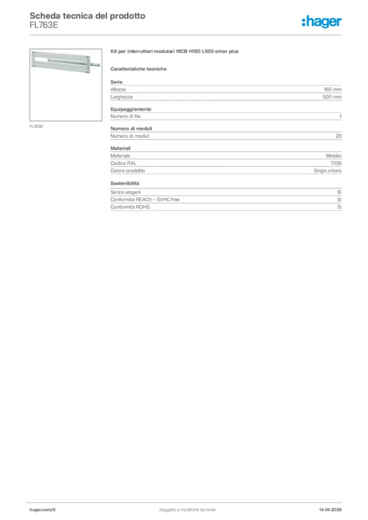 Immagine Hager Scheda tecnica del prodotto FL763E | Hager Italia