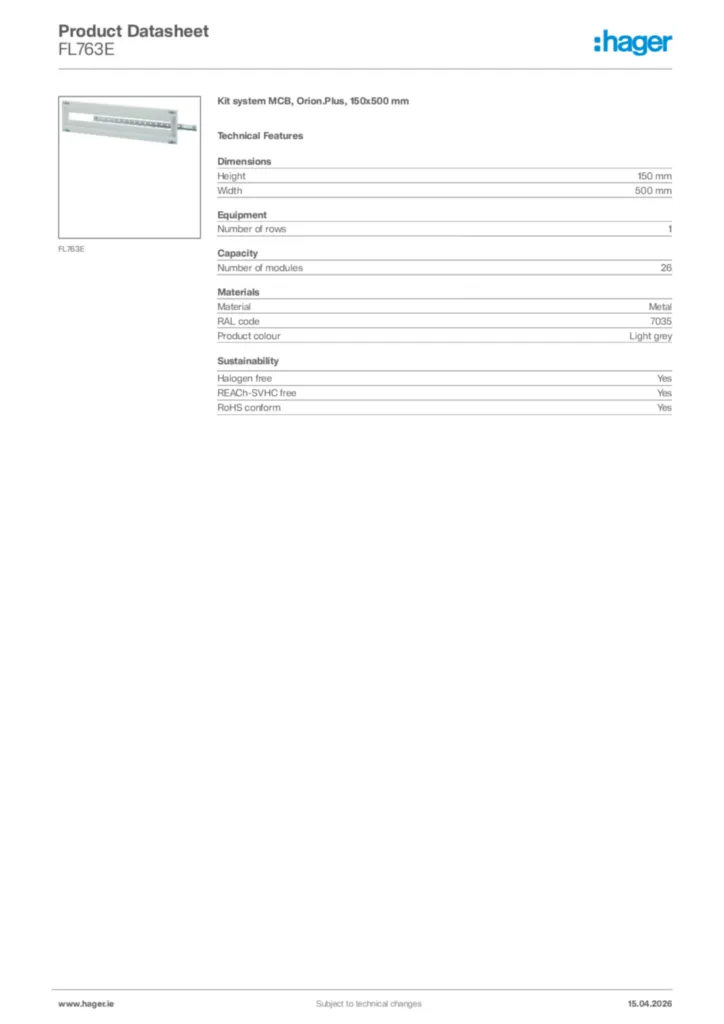 Image Hager Product data sheet FL763E  | Hager