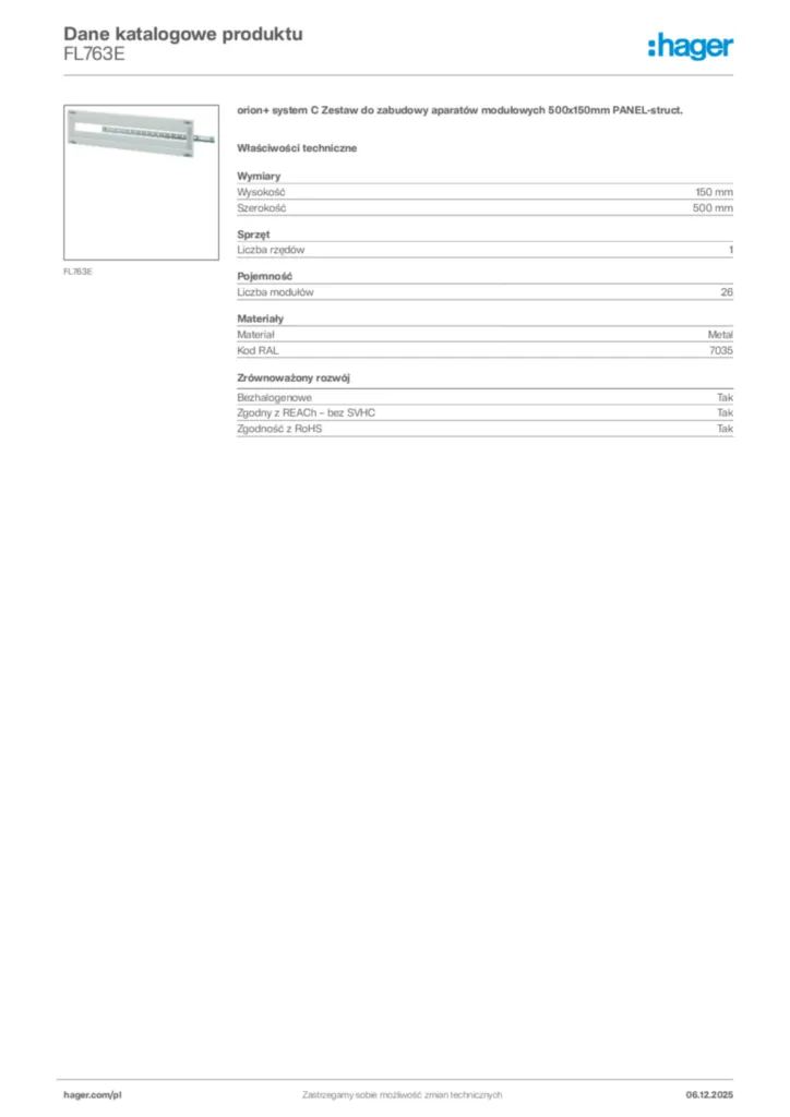 Zdjęcie Hager Karta katalogowa FL763E | Hager Polska
