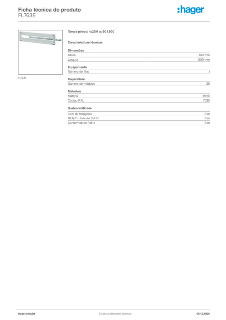 Imagem Hager Ficha técnica do produto FL763E | Hager Portugal