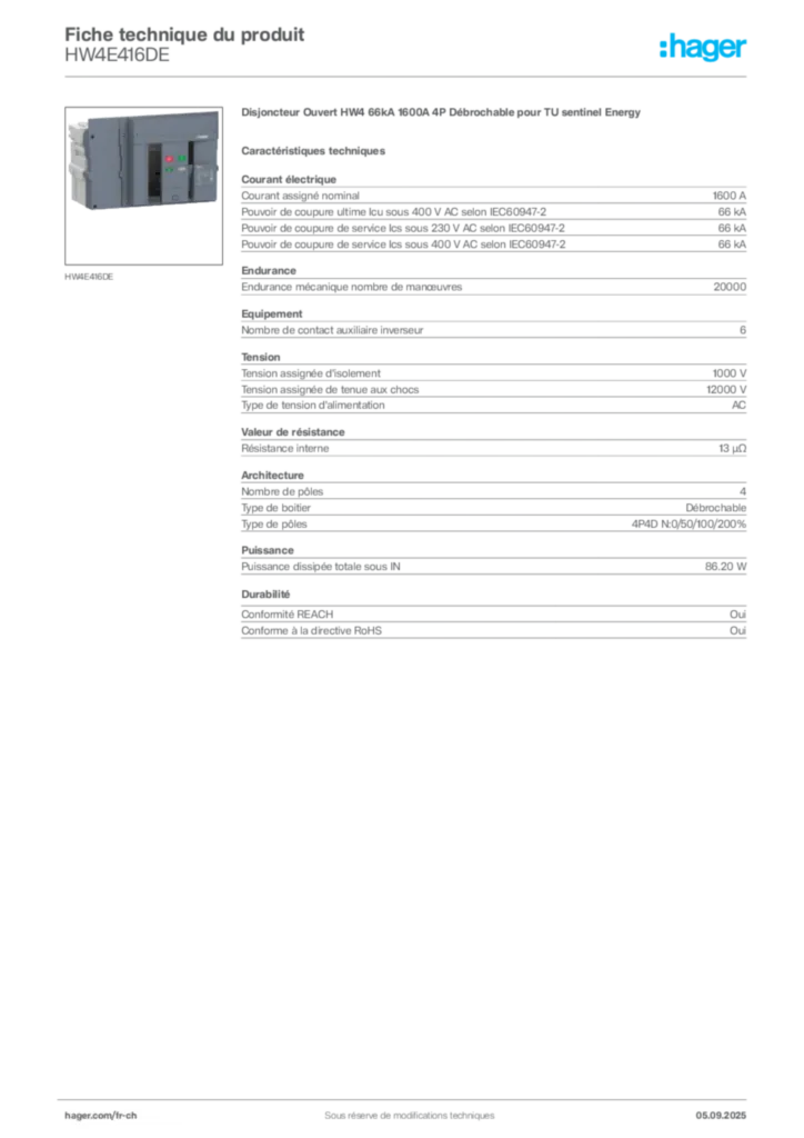 Image Hager Fiche technique du produit HW4E416DE | Hager Suisse