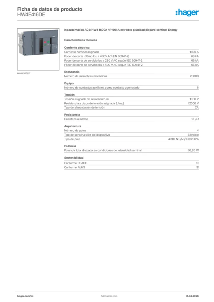 Imagen Hager Ficha de datos de producto HW4E416DE | Hager España
