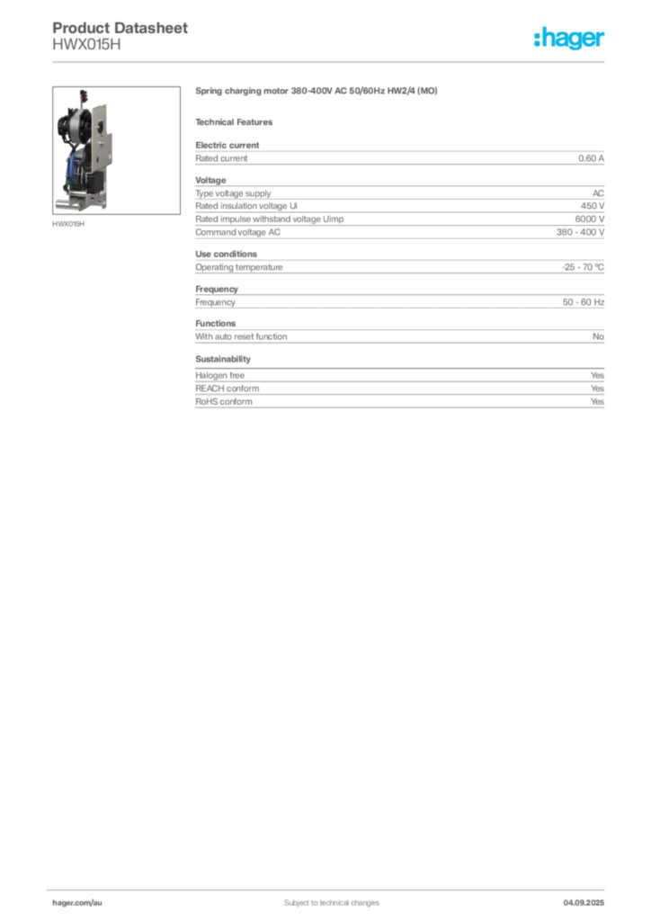 Image Hager Product data sheet HWX015H  | Hager Australia