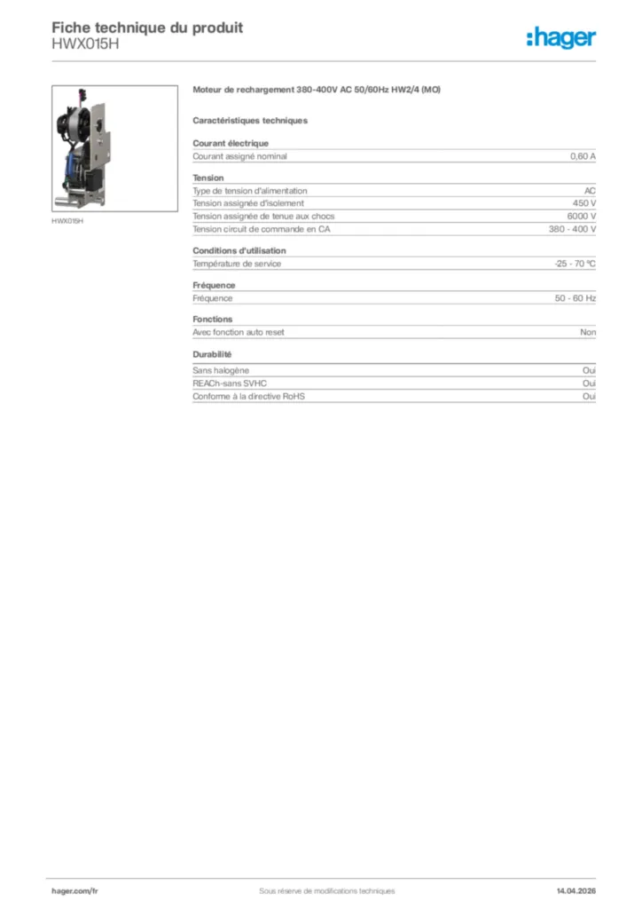 Image Hager Fiche technique du produit HWX015H | Hager France