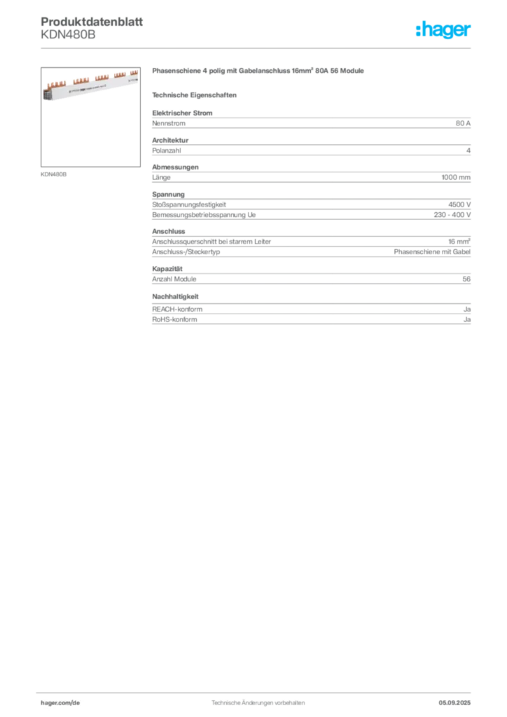 Bild Hager Produktdatenblatt KDN480B | Hager Deutschland