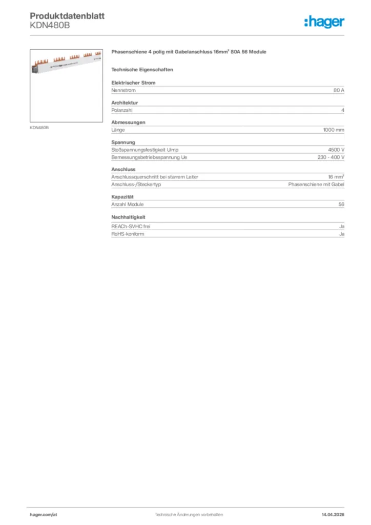 Bild Hager Produktdatenblatt KDN480B | Hager Deutschland
