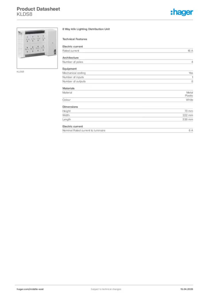 Image Hager Product data sheet KLDS8  | Hager