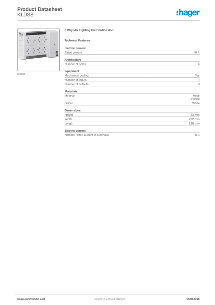 Image Hager Product data sheet KLDS8  | Hager