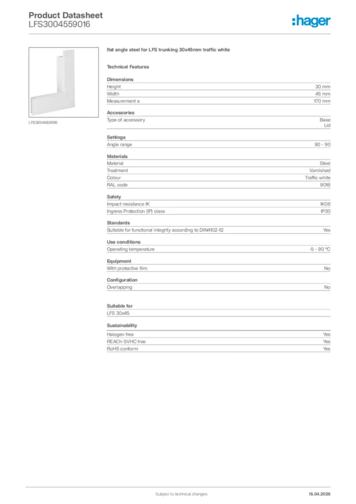 Image Hager Product data sheet LFS3004559016  | Hager Africa