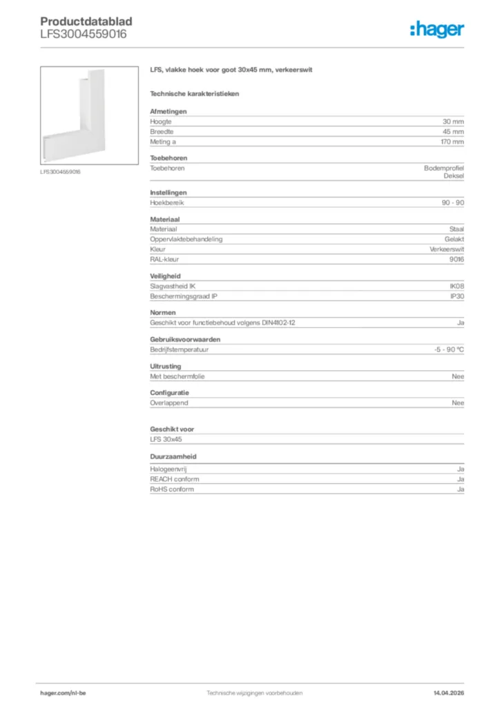 Afbeelding Hager Productdatablad LFS3004559016 | Hager Belgium