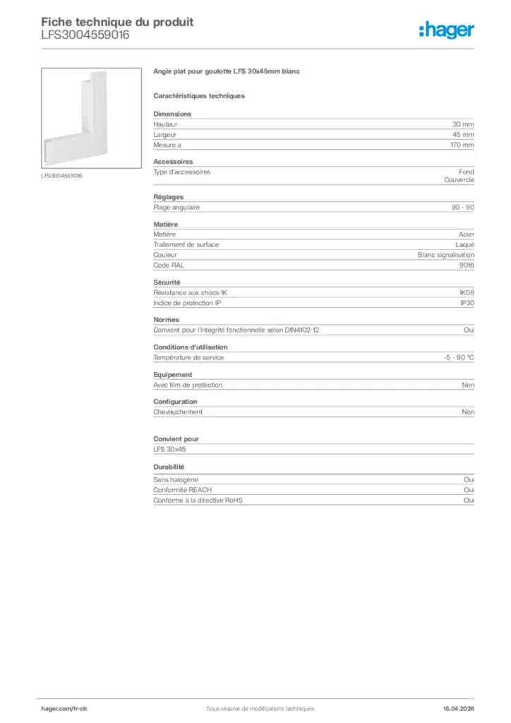 Image Hager Fiche technique du produit LFS3004559016 | Hager Suisse