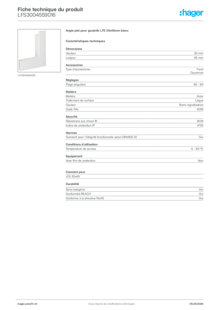 Image Hager Fiche technique du produit LFS3004559016 | Hager Suisse