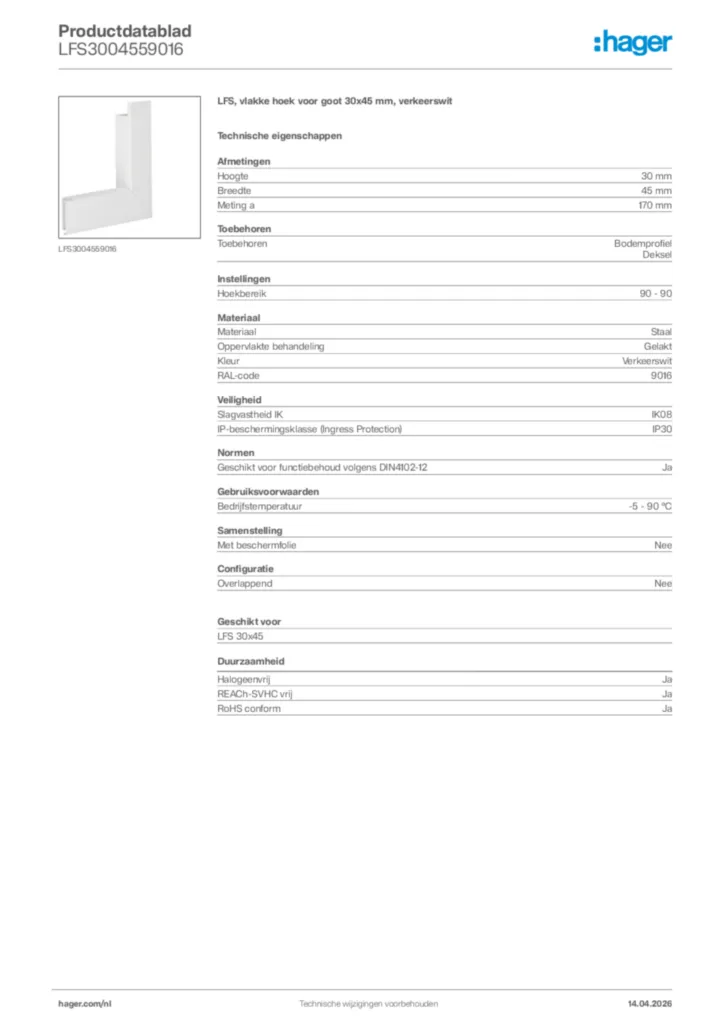 Afbeelding Hager Productdatablad LFS3004559016 | Hager Nederland