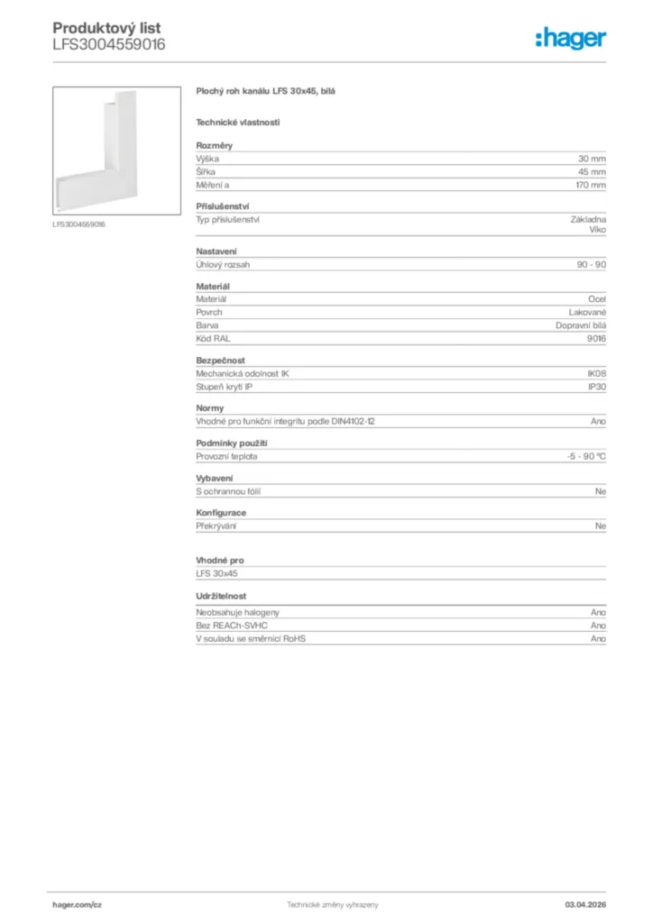 Obrázek Hager Product data sheet LFS3004559016 | Hager