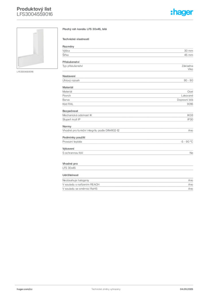 Obrázek Hager Produktový list LFS3004559016 | Hager