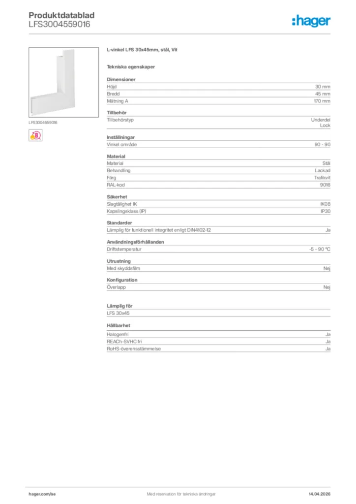 Bild Hager Produktdatablad LFS3004559016 | Hager Sverige