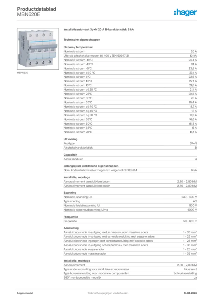 Afbeelding Hager Productdatablad MBN620E | Hager Nederland