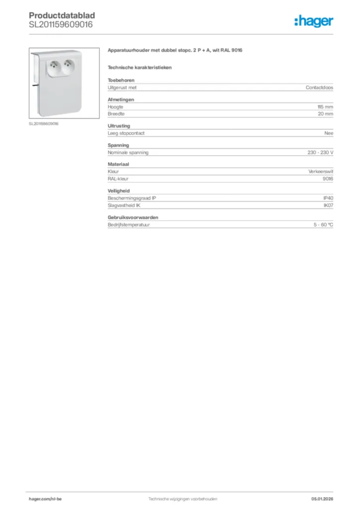 Afbeelding Hager Productdatablad SL201159609016 | Hager Belgium