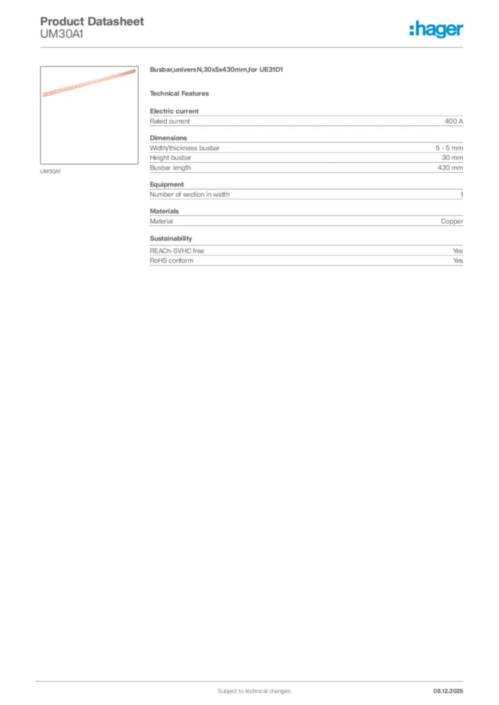 Image Hager Product data sheet UM30A1  | Hager Africa