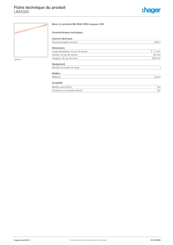 Image Hager Fiche technique du produit UM30A1 | Hager Afrique
