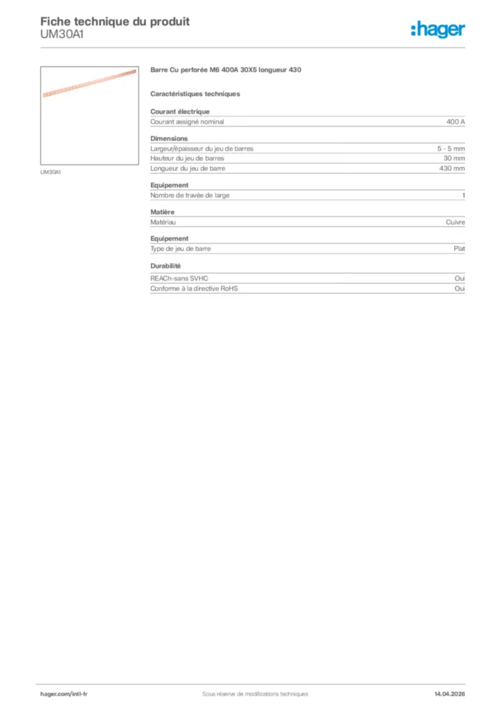Image Hager Fiche technique du produit UM30A1 | Hager Afrique