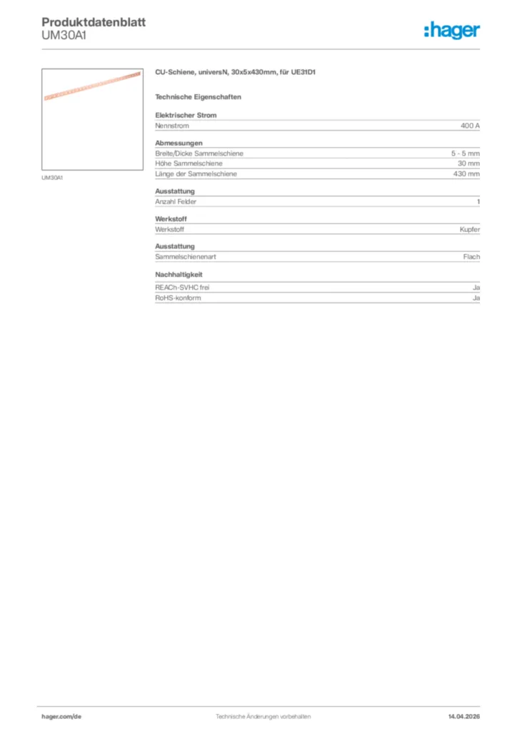 Bild Hager Produktdatenblatt UM30A1 | Hager Deutschland