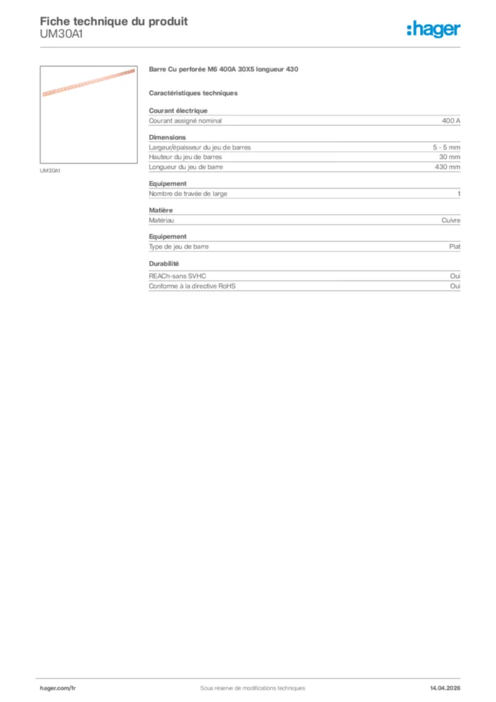 Image Hager Fiche technique du produit UM30A1 | Hager France