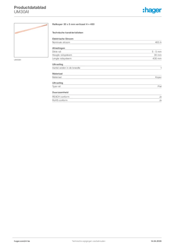 Afbeelding Hager Productdatablad UM30A1 | Hager Belgium