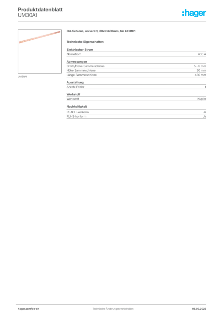 Bild Hager Produktdatenblatt UM30A1 | Hager Schweiz