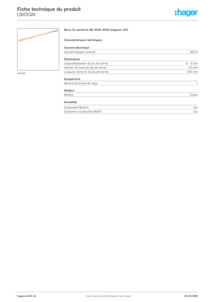Image Hager Fiche technique du produit UM30A1 | Hager Suisse