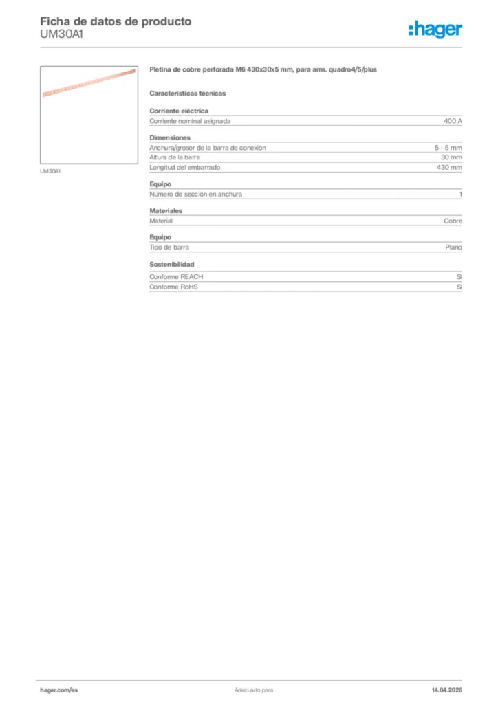 Imagen Hager Ficha de datos de producto UM30A1 | Hager España