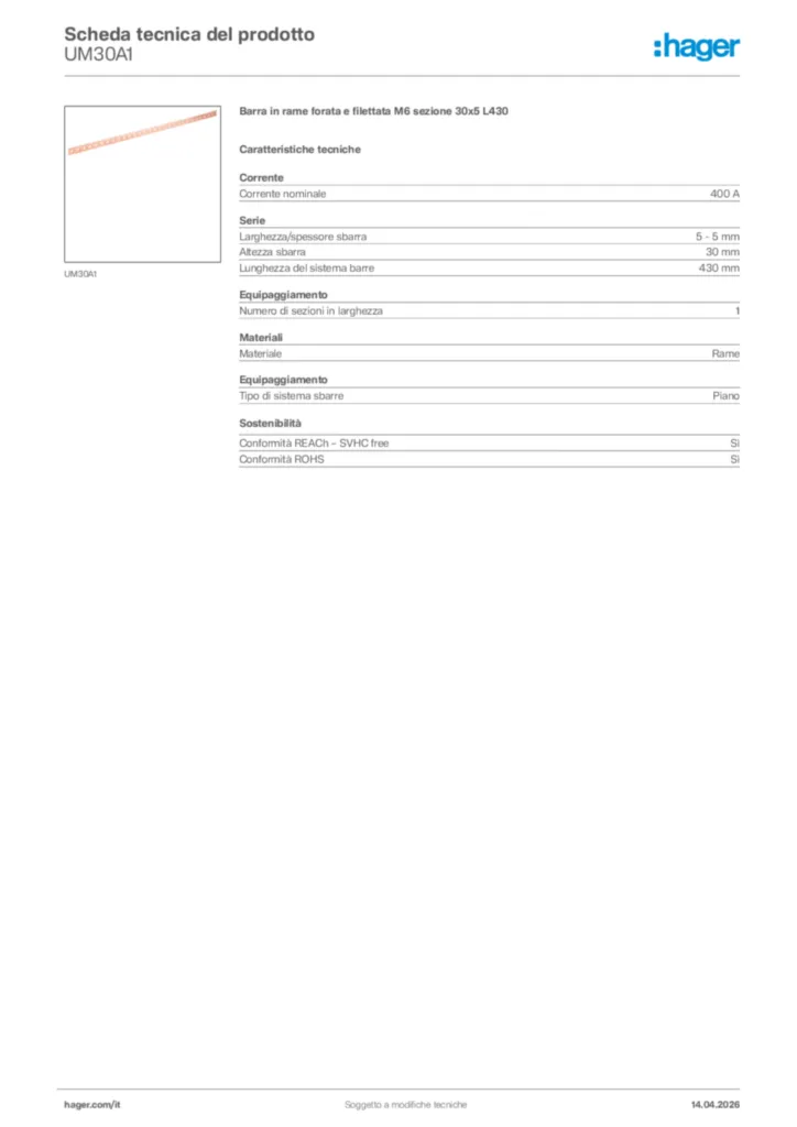 Immagine Hager Scheda tecnica del prodotto UM30A1 | Hager Italia