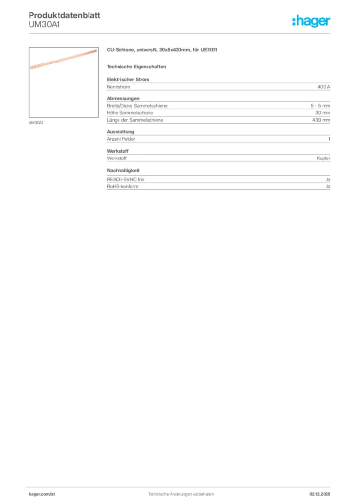 Bild Hager Produktdatenblatt UM30A1 | Hager Deutschland