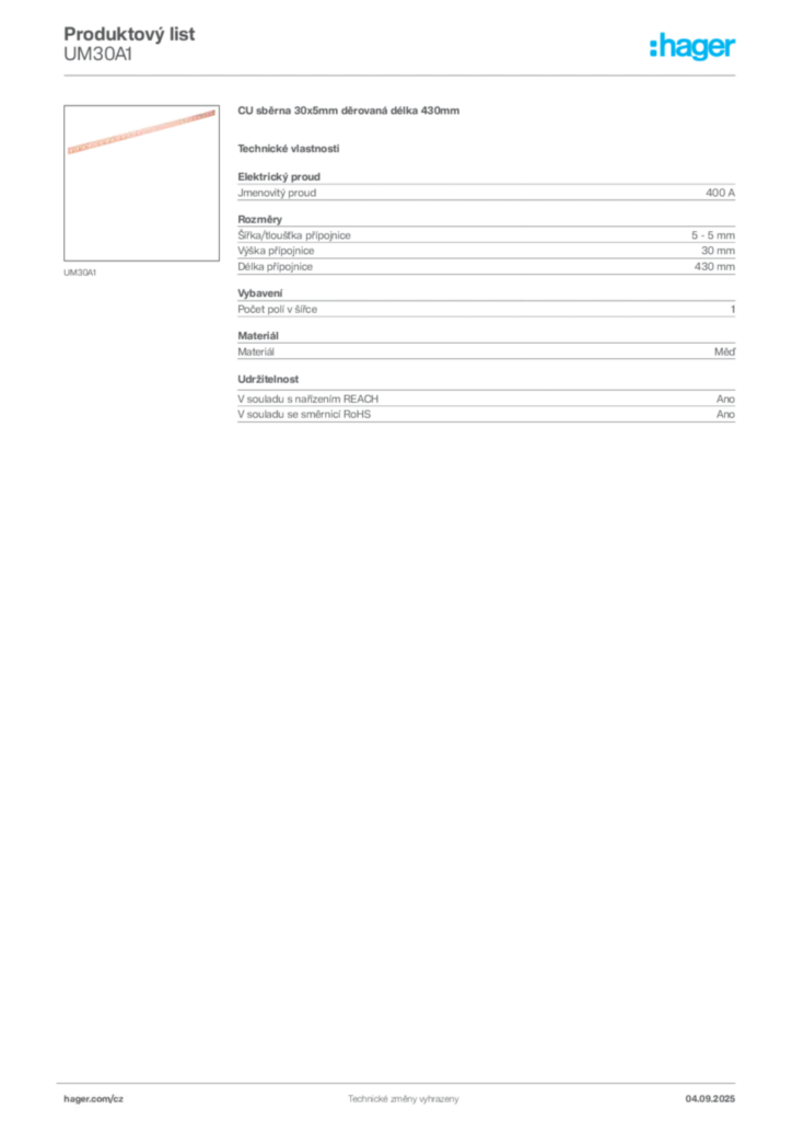 Obrázek Hager Produktový list UM30A1 | Hager