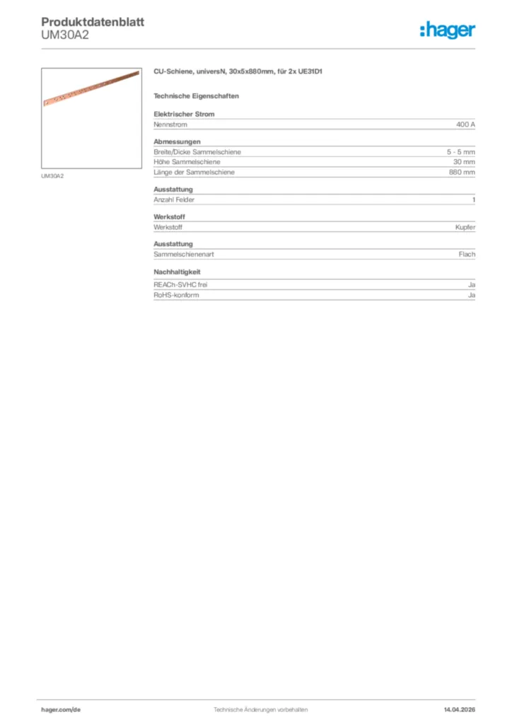 Bild Hager Produktdatenblatt UM30A2 | Hager Deutschland