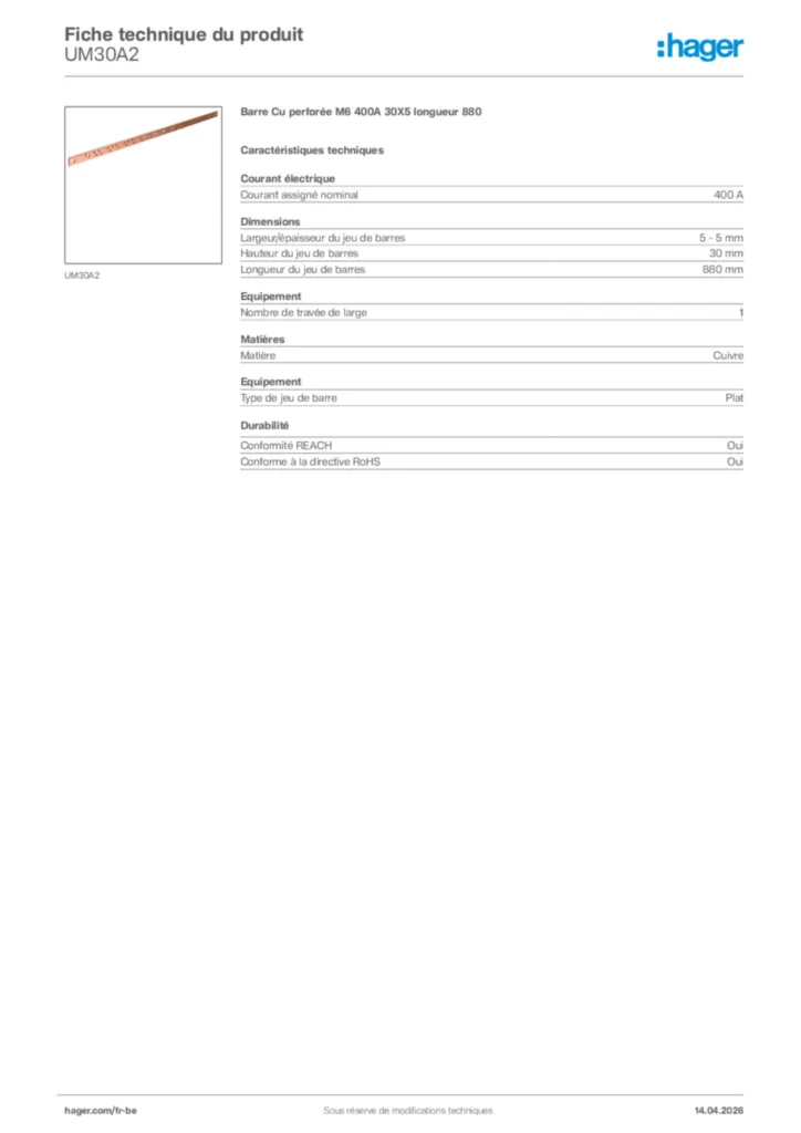 Image Hager Fiche technique du produit UM30A2 | Hager Belgique