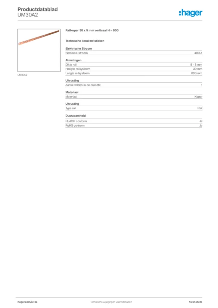 Afbeelding Hager Productdatablad UM30A2 | Hager Belgium