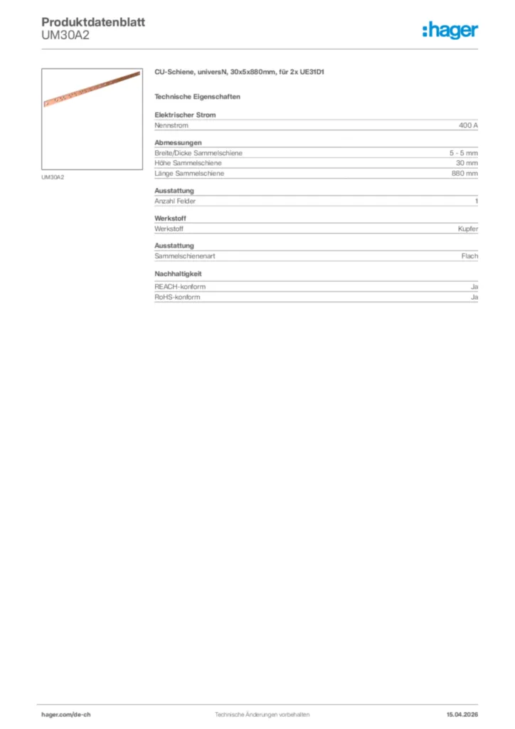 Bild Hager Produktdatenblatt UM30A2 | Hager Schweiz