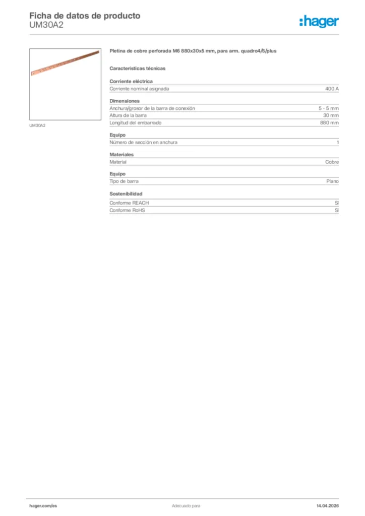 Imagen Hager Ficha de datos de producto UM30A2 | Hager España