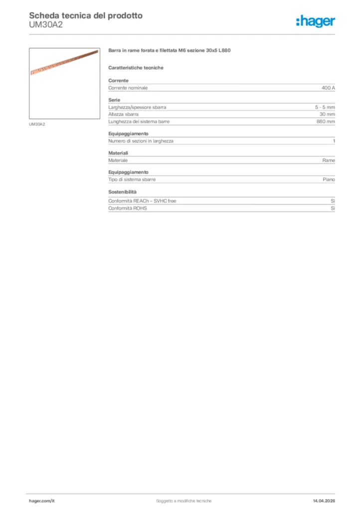Immagine Hager Scheda tecnica del prodotto UM30A2 | Hager Italia