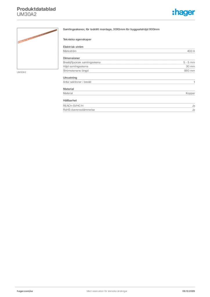 Bild Hager Produktdatablad UM30A2 | Hager Sverige