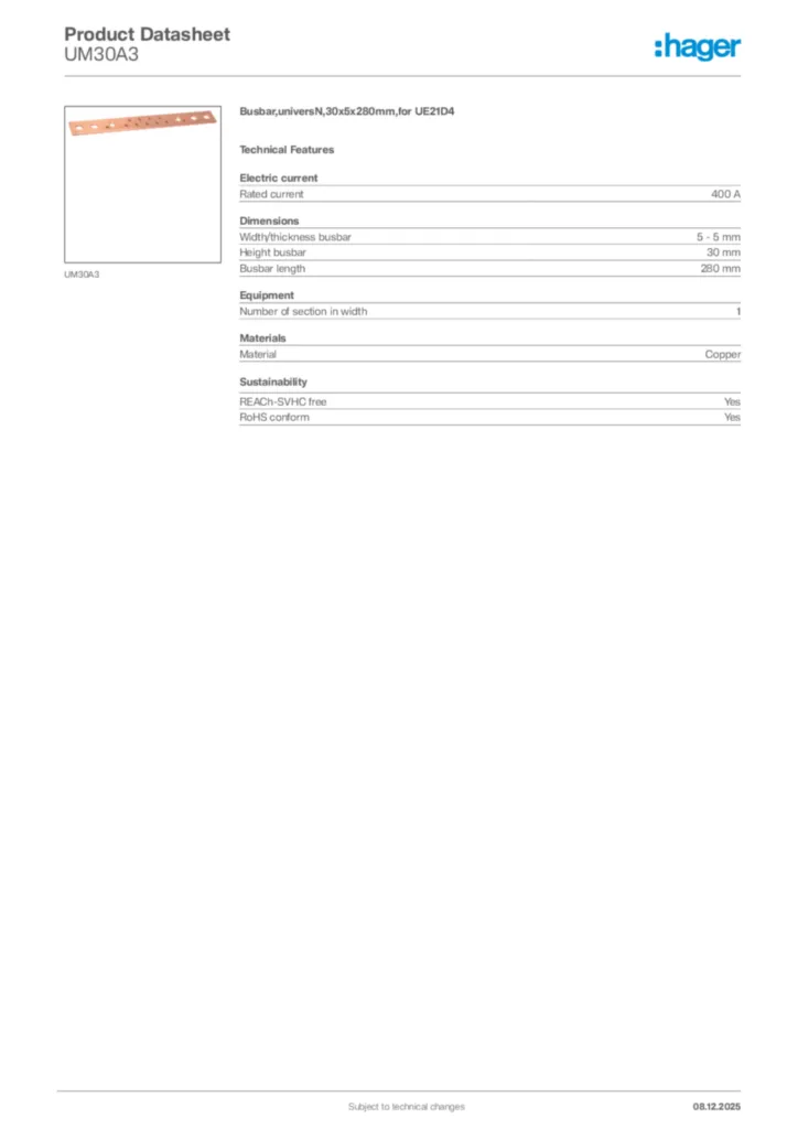 Image Hager Product data sheet UM30A3  | Hager Africa