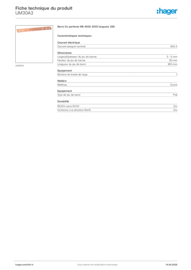 Image Hager Fiche technique du produit UM30A3 | Hager Afrique