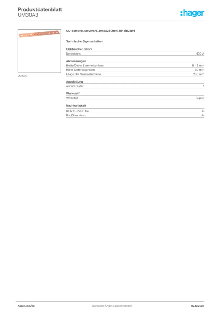 Bild Hager Produktdatenblatt UM30A3 | Hager Deutschland